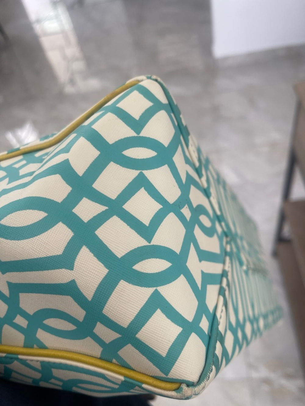 Kate Landry Turquoise Patterned Tote Bag with Beige Handles - Picture 7 of 10